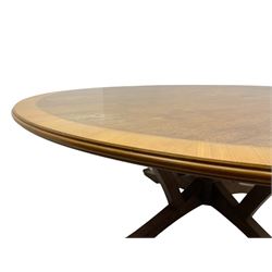 Senior & Carmichael, Betchworth - Georgian design walnut centre table, the circular moulded top with satinwood band and central star inlay, quadriform base with central orb and applied makers plaque, raised on splayed supports