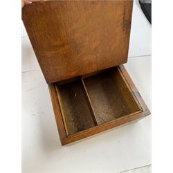 Group of wooden boxes and tins, including oak two compartment cigarette box, money tins, inlaid tea caddy, etc