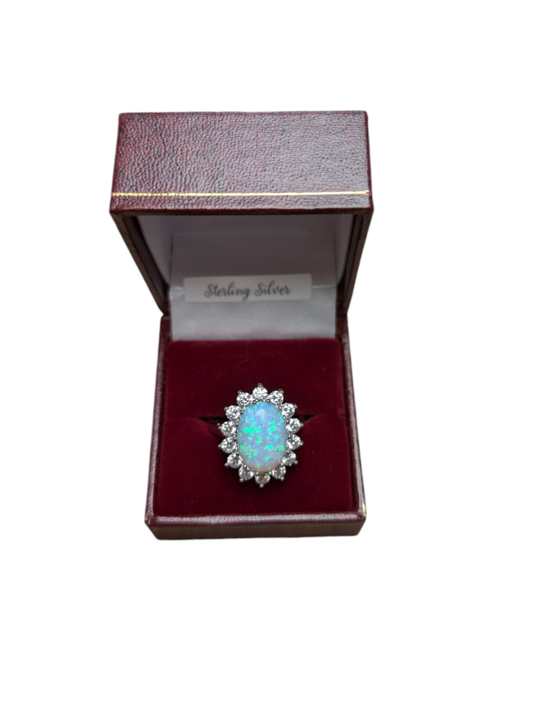 Silver opal and cubic zirconia cluster ring, stamped, boxed 