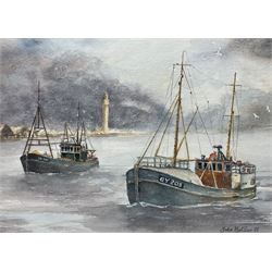 John Hotson (British 20th century): Grimsby Fishing Trawlers at Sea, watercolour signed and dated '91, 28cm x 38cm