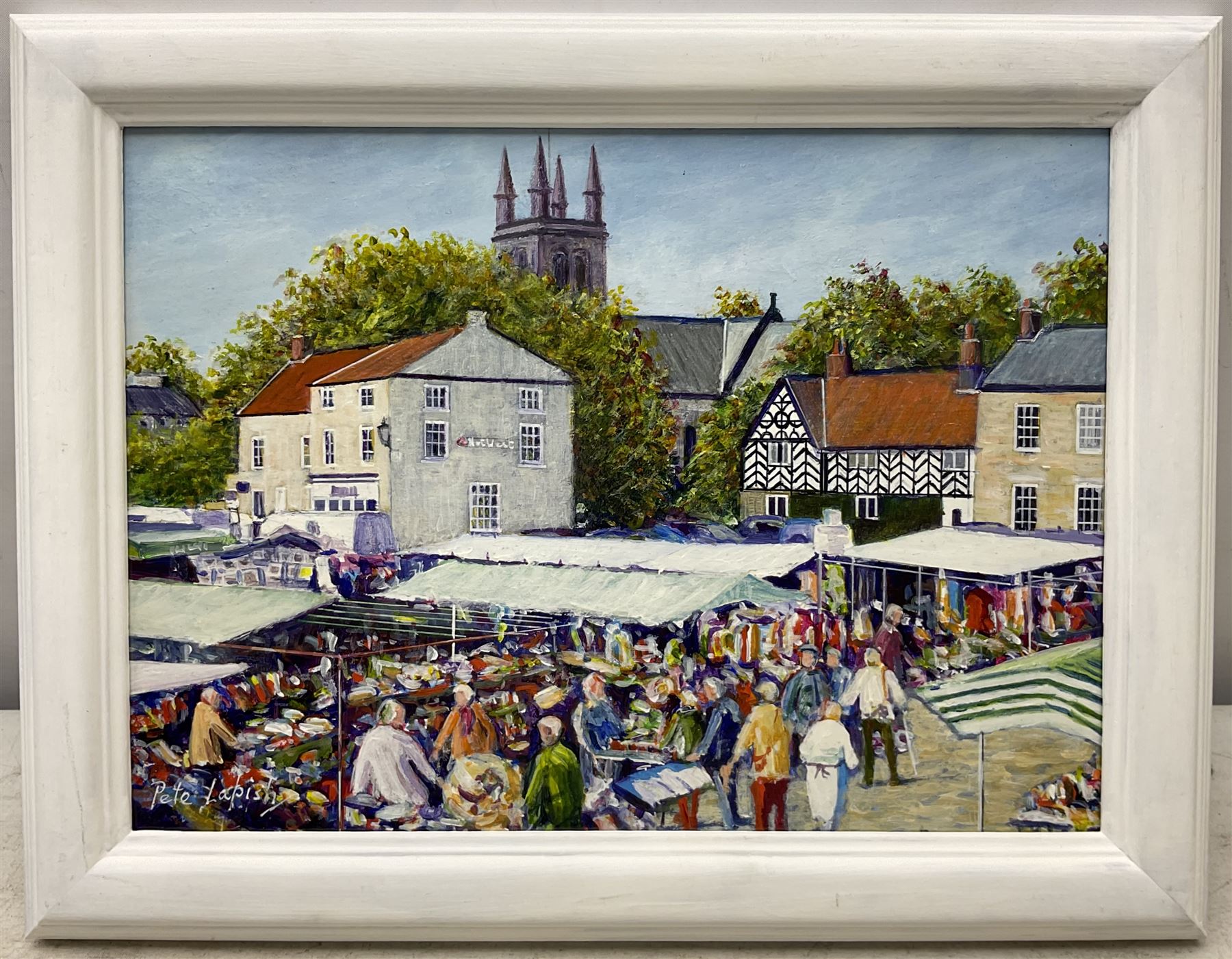 Peter Lapish (British 1937-): 'Helmsley Market Day - From the Top Deck of a Bus', acrylic on board signed, titled verso 19cm x 27cm