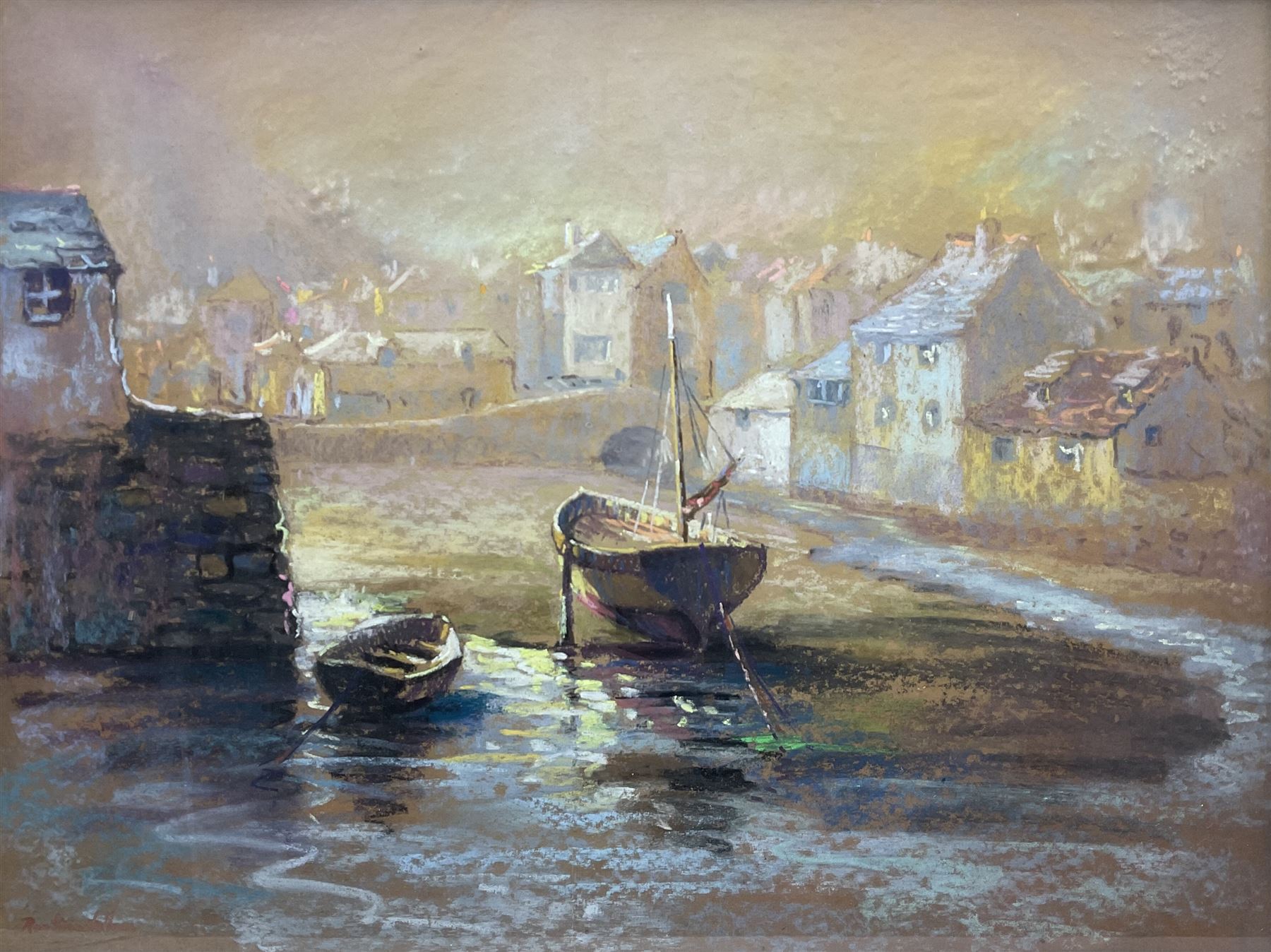 Roy Stringfellow (Cornish 1921-2008): 'Early Morning Polperro', pastel signed, artist's address label verso 45cm x 60cm