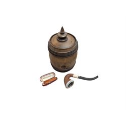 Turned wooden tobacco jar, pipe and an amber cheroot holder, H20cm