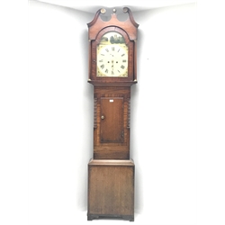  Early 19th century oak and mahogany longcase clock, the hood with swan neck pediment, trunk door flanked by canted corners with turned quarter columns, enamel dial painted with town church and river scene, singed 'C. Skelton, Malton', 30-hour movement striking on bell, H224cm  