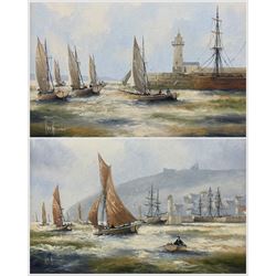 Ken Hammond (British 1948-): 'Fishing Fleet at Newlyn' and 'Fishing Fleet Leaving Whitby', pair oils on canvas signed, titled verso 29cm x 39cm (2)