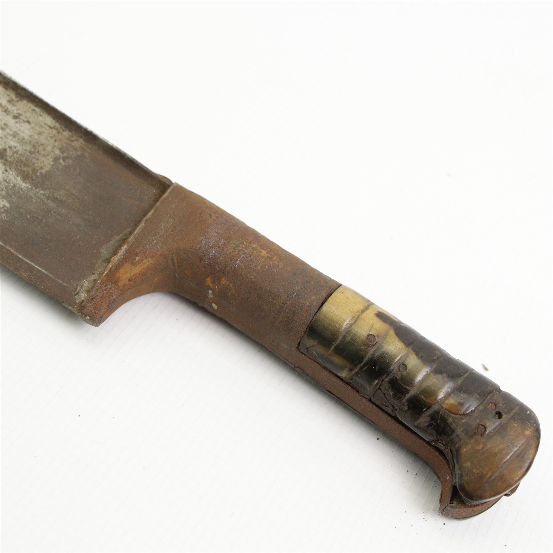  19th century Afghan Khyber knife with engraved blade and horn grip 60cm blade length, another similar Khyber knife, Indian Tulwar and a Kukri (4)