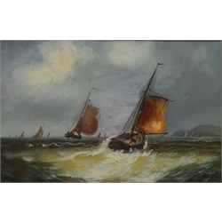  Sailing Boats off Shore, two oils on board signed J Fraser (Possibly John Fraser British 1858-1924) 27.5cm x 43cm (2)  