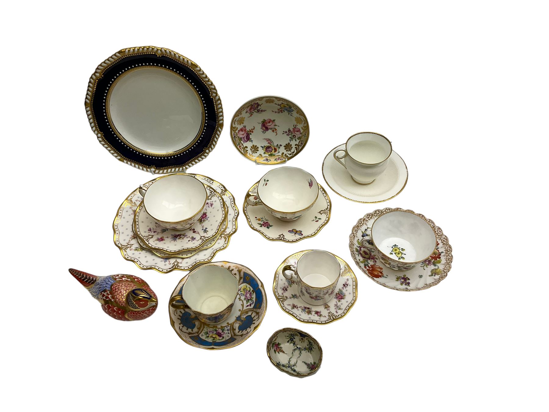 Royal Crown Derby tea wares, to include Royal Antoinette pattern coffee can and saucer, tea cup and saucer, side plate and dessert plate, Derby Days pattern tea cup and saucer, white glazed and fluted cup and saucer, example decorated with floral reserves and blue and gilt panels, side plate with blue and gilt edge, together with a Royal Crown Derby pheasant paperweight (lacking stopper), Dresden cup and saucer, and Dresden open salt, etc., in one box