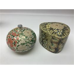 Nine lacquered boxes, including seven heart shaped examples, mainly decorated with floral designs, largest H12cm