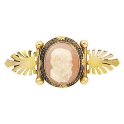 Victorian gold sardonyx cameo brooch, depicting the bust of a bearded gentleman, within a blue enamel frame flanked by acanthus leaves