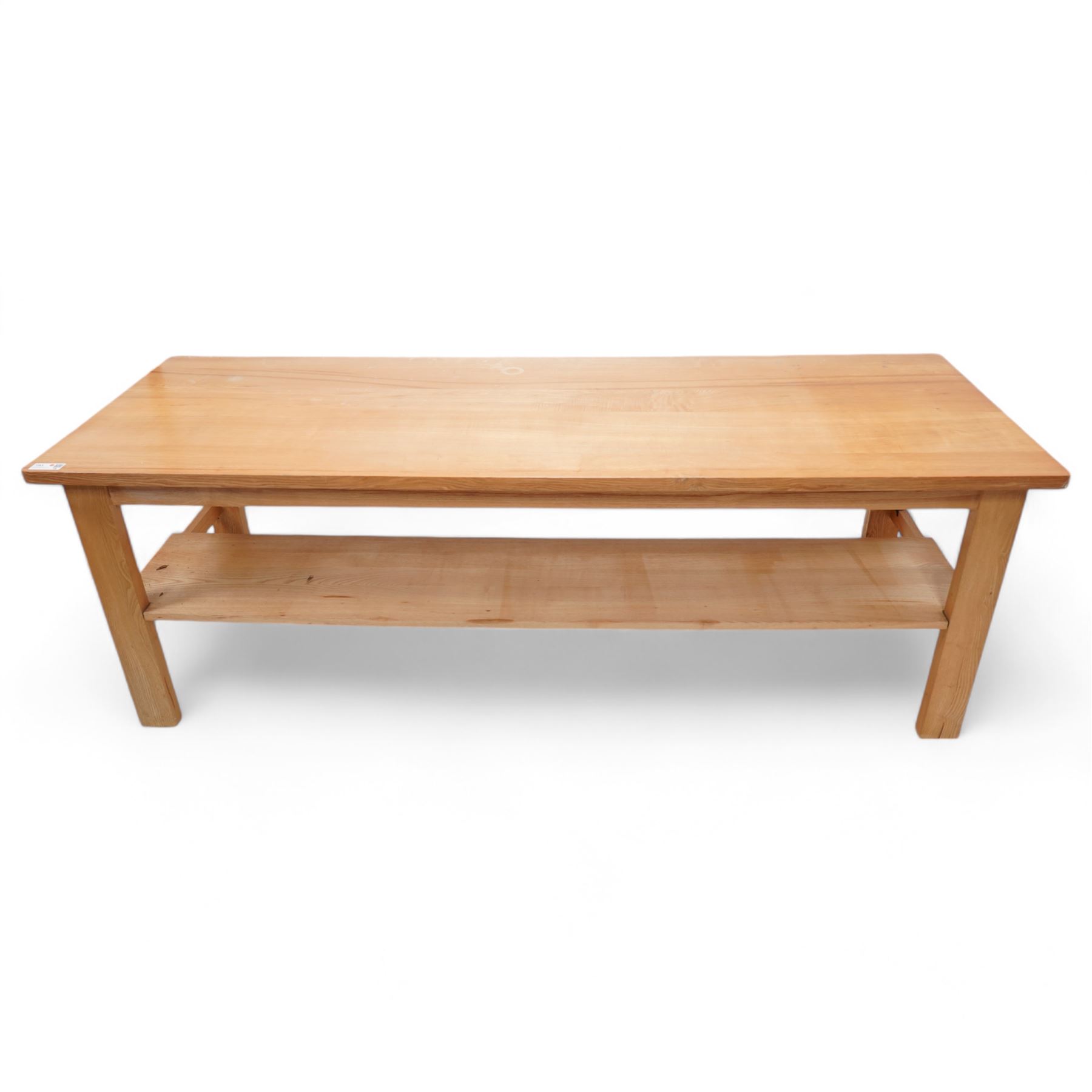 Treske - light elm refectory table, rectangular top over rectangular block supports united by under tier 