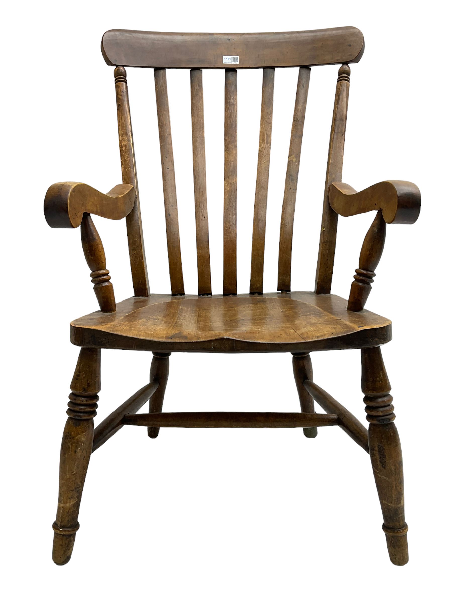 19th century beech Farmhouse armchair, shaped cresting rail over vertical slat back, dished seat on turned supports united by H stretcher 