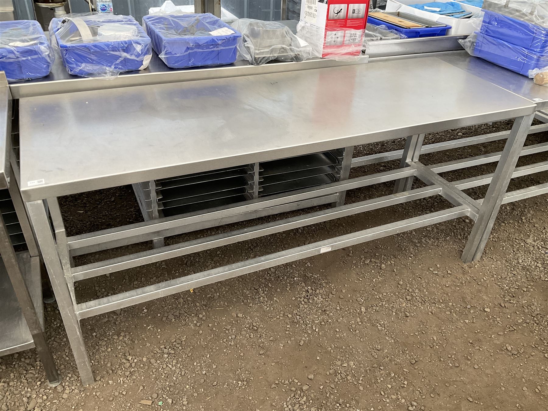 Aluminium framed preparation table with stainless steel top, barred under-tier - THIS LOT IS TO BE COLLECTED BY APPOINTMENT FROM DUGGLEBY STORAGE, GREAT HILL, EASTFIELD, SCARBOROUGH, YO11 3TX