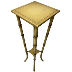 Simulated bamboo torchère or plant stand, square top on splayed simulated bamboo supports united by undertier 