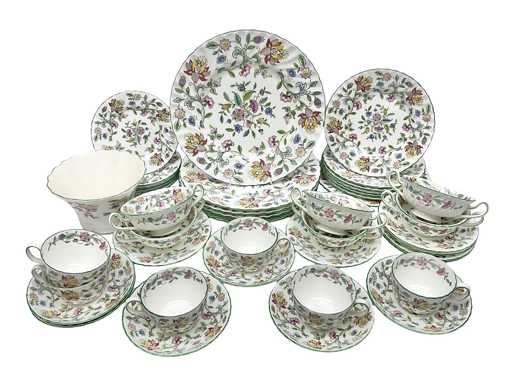 Minton Haddon Hall part tea and dinner service, including six cups and saucers, six dinner plates, six side plates, six twin handled bowls and saucers etc (44) 