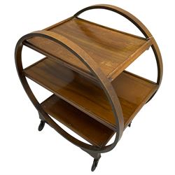 1930s Art Deco period walnut Moon drinks trolley, three tiers encased by two circular supports, raised on castors