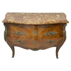 Late 20th century Louis XV design Kingwood and rosewood bombe commode chest, shaped ovolo-moulded variegated marble top, fitted with two drawers, scrolling foliate cast gilt metal handles and mounts