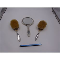 1930s silver and blue guilloche enamel four piece dressing table set, comprising two hairbrushes, hand mirror and comb holder, hallmarked William Comyns & Sons Ltd, London 1932 & 1933