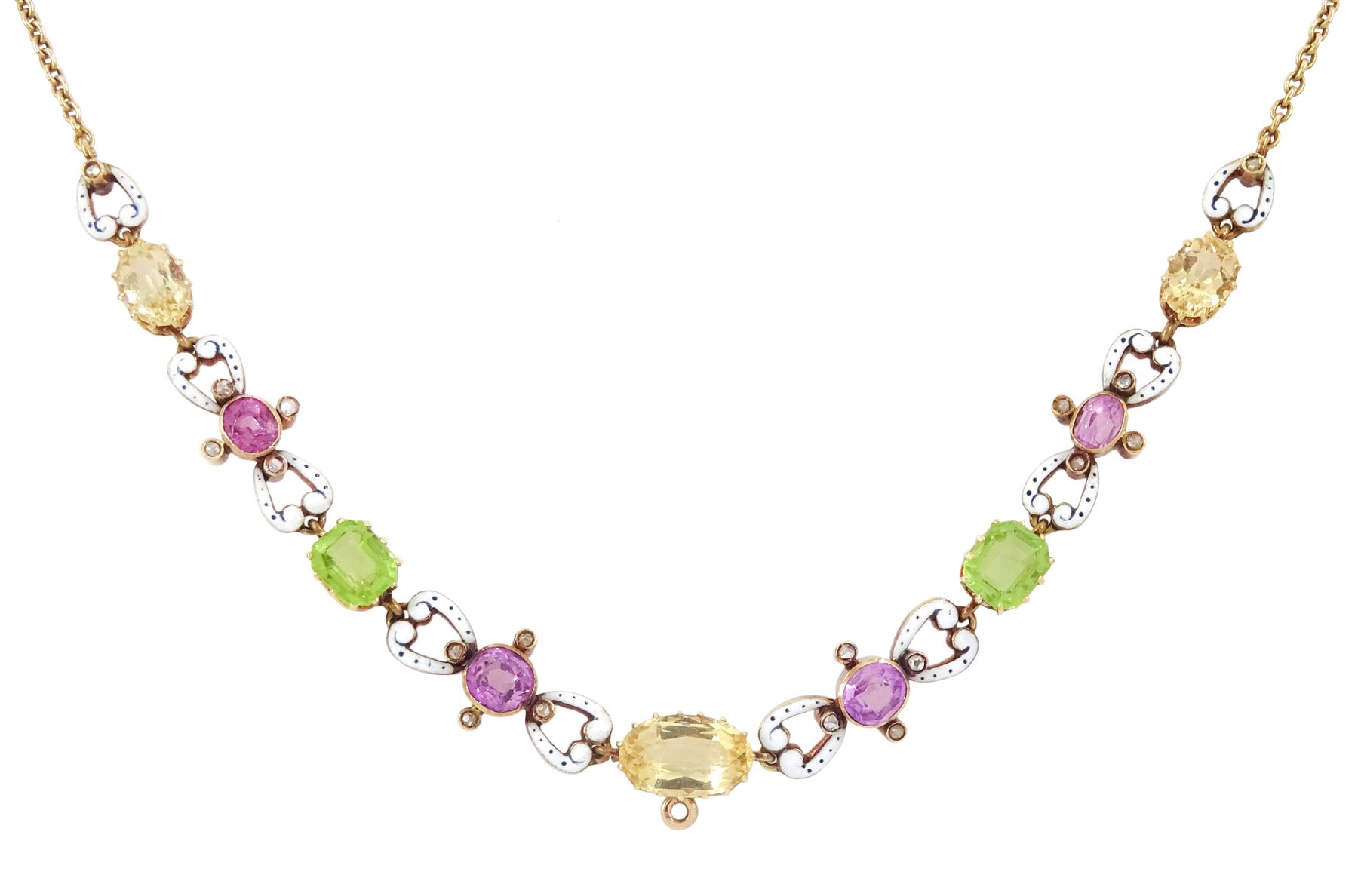 Early 20th century 15ct gold gold orange / yellow / peach topaz, pink tourmaline, pink sapphire peridot and diamond necklace, the pinks stones each set with four rose cut diamonds and spaced by scroll links with white enamel and black dots, to a trace link chain necklace, in fitted silk and velvet lined box by Skinner & Co