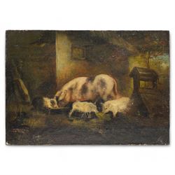 English Naive Primitive School (19th century): Pigs and Piglets outside a Sty, oil on canvas unsigned 35cm x 51cm (unframed)