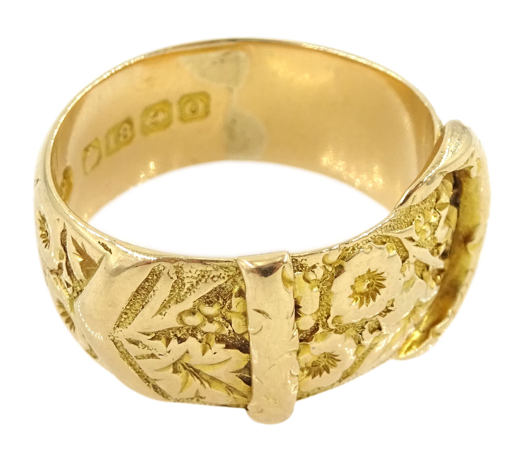 Early 20th century 18ct gold buckle ring, with engraved floral and foliate decoration by William Lewis, Birmingham 1913