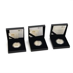 Three The Royal Mint United Kingdom silver proof piedfort five pound coins, comprising 201...