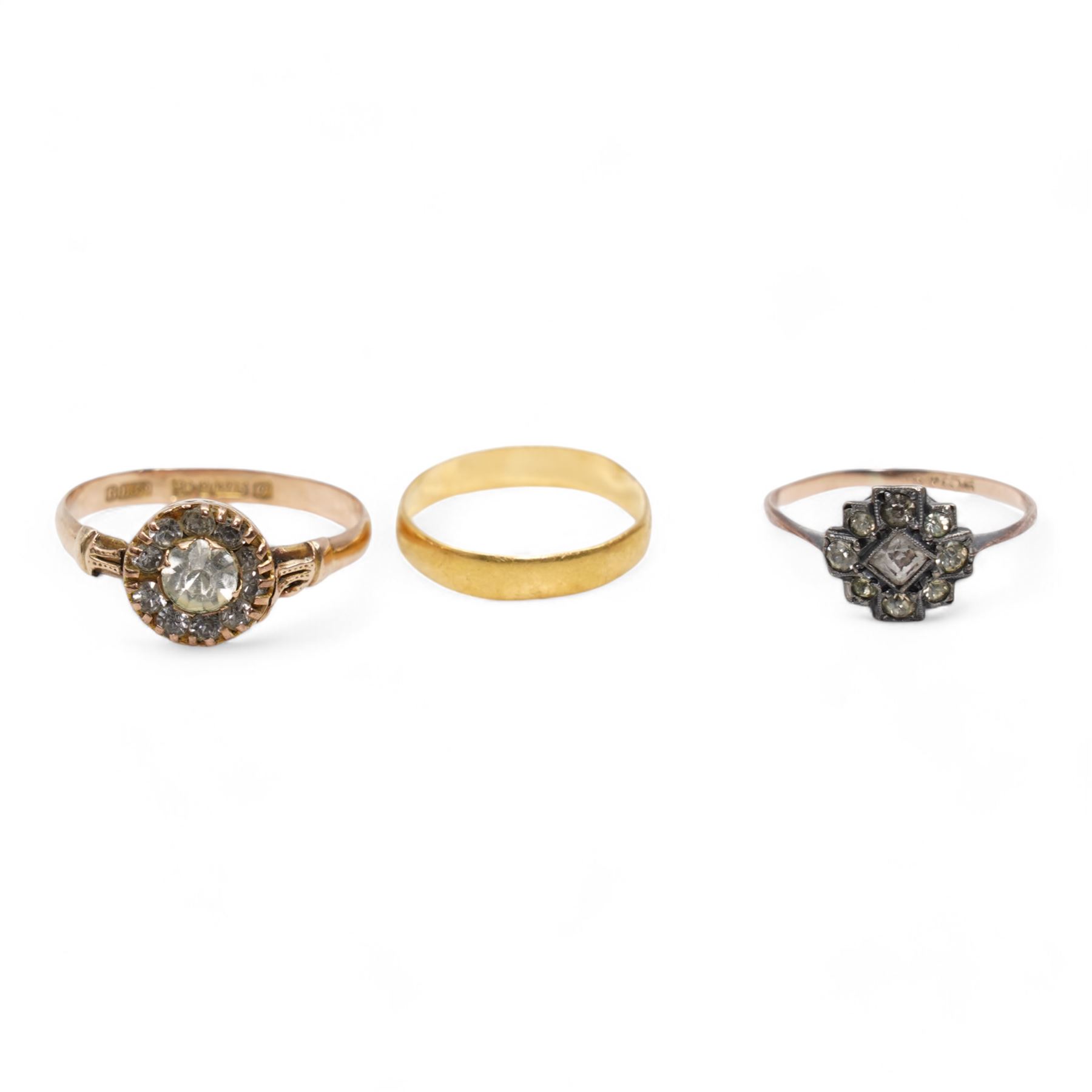 9ct rose gold paste stone set ring, Chester 1914, Victorian 22ct gold band, London 1888 and a 9ct gold and silver paste stone set ring, stamped