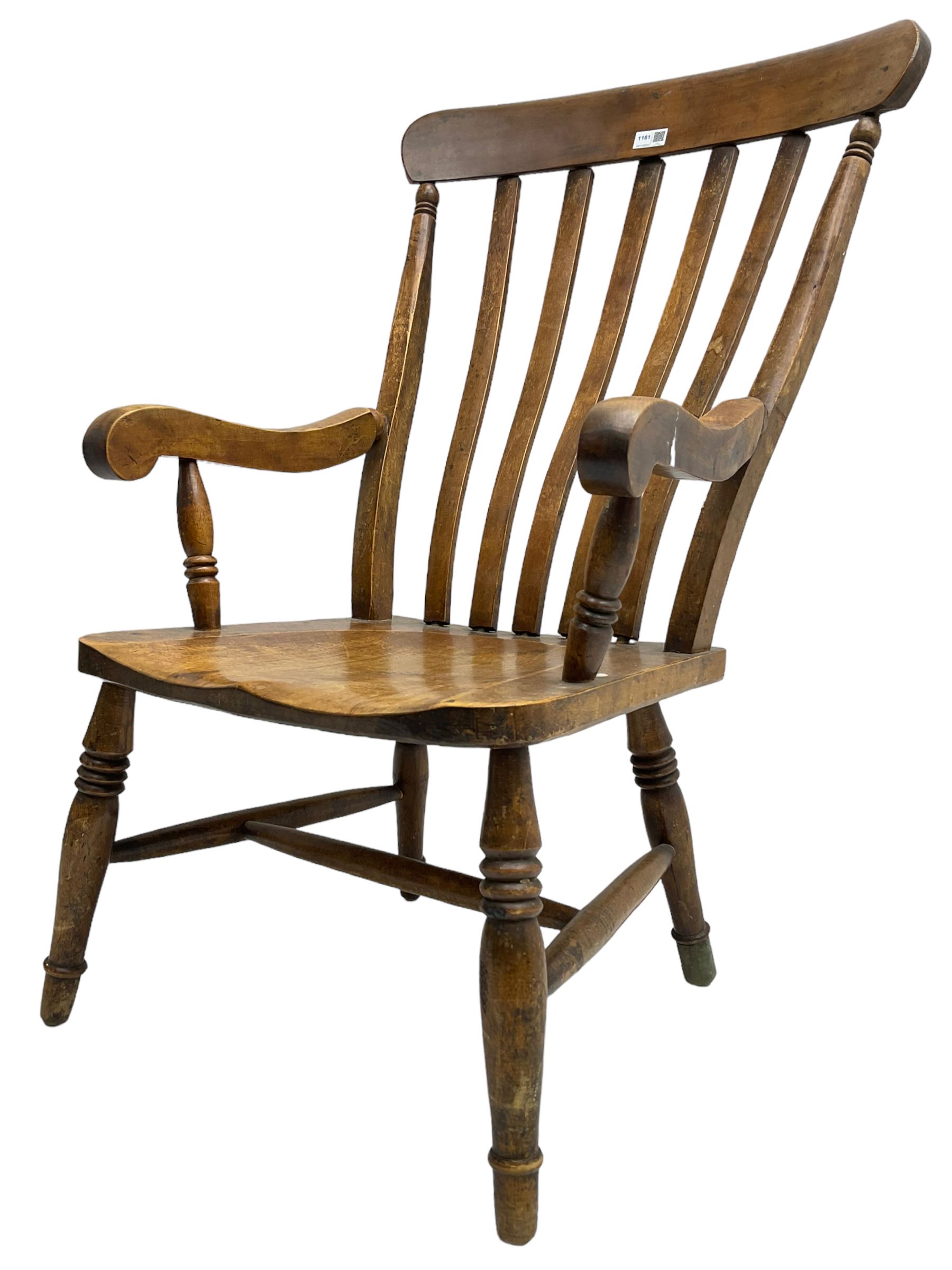 19th century beech Farmhouse armchair, shaped cresting rail over vertical slat back, dished seat on turned supports united by H stretcher 