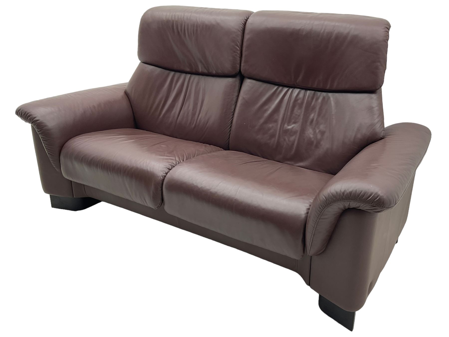 Ekornes Stressless - three-seat sofa upholstered in chocolate brown leather, with high backrests, cushioned headrests, and manual reclining mechanism (L248cm, D84cm, H102cm); with matching two-seat sofa (L184cm, D84cm, H102cm)