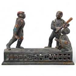 Late 19th century American 'Hometown Battery' money bank with moving baseball figures and ...