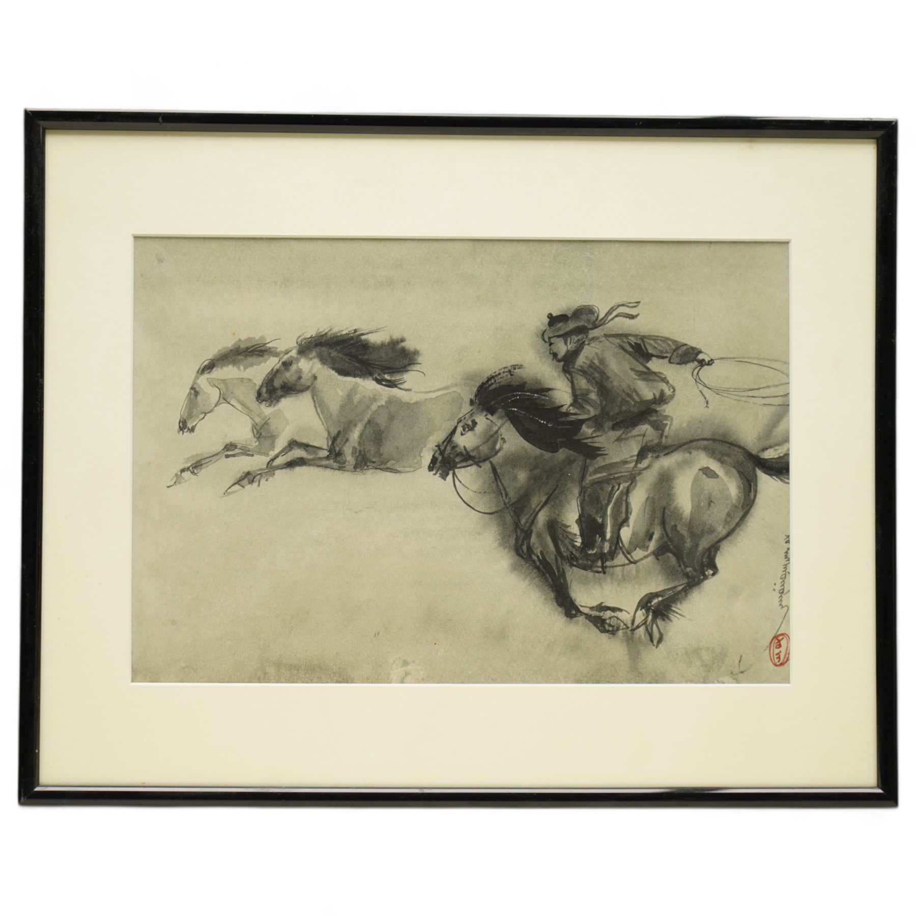 Chinese School (20th Century): Rider in Pursuit, watercolour bearing inscriptions 19cm x 27cm