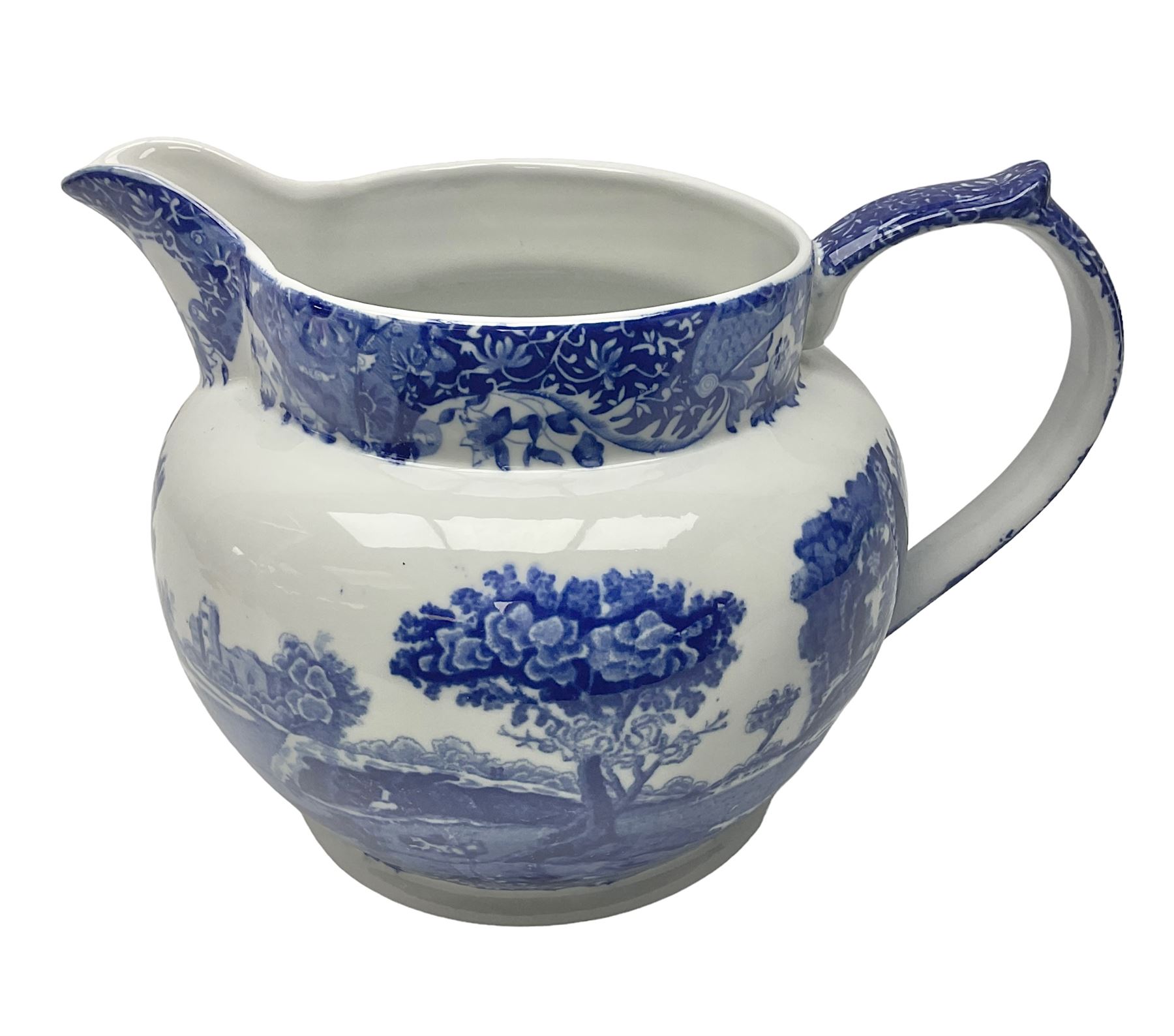 Large blue and white jug, decorated with landscape transfer print, H24cm