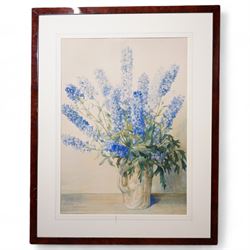 Florence Raingill Walker (British 20th century): Still Life of Blue Delphiniums in a Vase, watercolour signed 75cm x 54cm