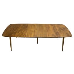 Ercol - light elm and beech 'Slide Leg Expanding Dining Table (444)', rectangular top with rounded corners, raised on tapered splayed supports, with two additional leaves