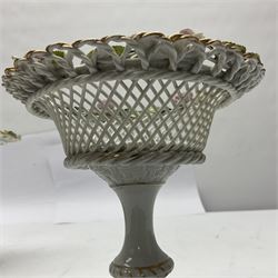 Pair of German Schierholz comports, with open weave baskets encrusted with roses, both with mark beneath, H15cm 