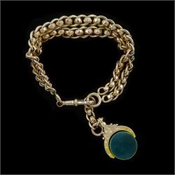 Early 20th century 9ct rose gold graduating rollerball, double link bracelet by W H Wilmot Ltd, Birmingham 1922, each link stamped 9.375, with 9ct gold bloodstone and carnelian swivel fob, Chester 1921