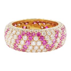 18ct rose gold pave set round brilliant cut diamond and pink sapphire 'Love' ring, stamped 750