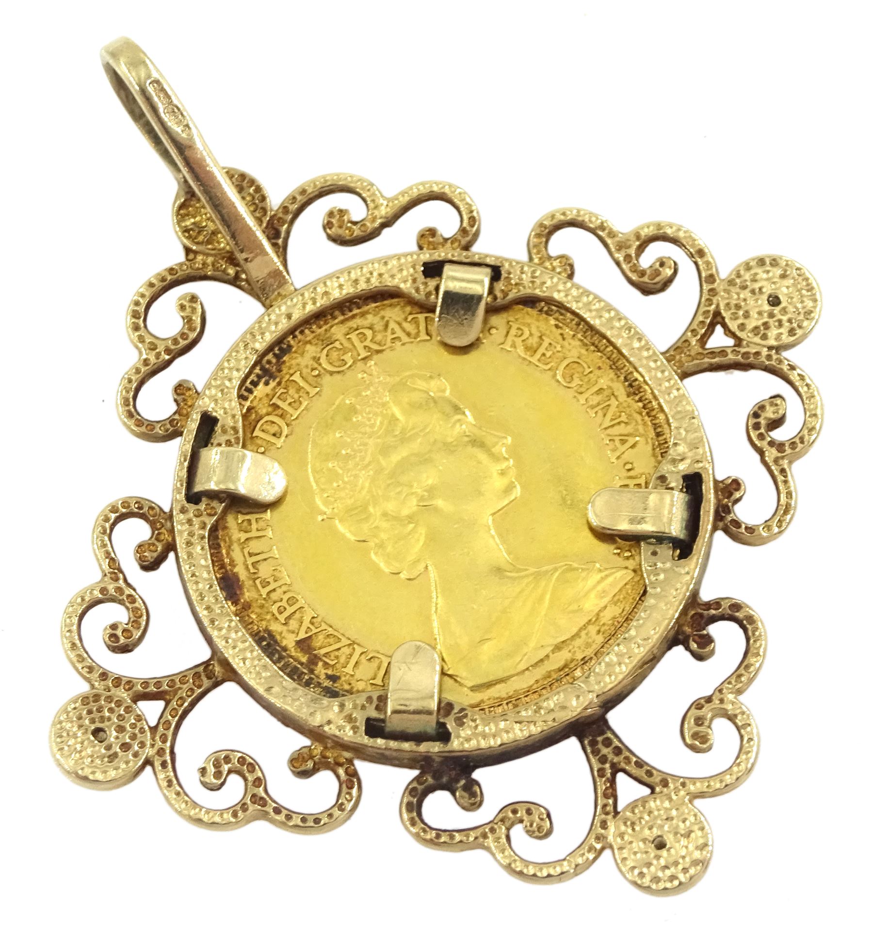 Queen Elizabeth II 1982 gold half sovereign coin, loose mounted in 9ct gold diamond pendant, hallmarked