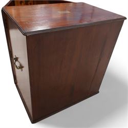 19th century mahogany silver or collectors cabinet, moulded rectangular top over two panelled doors, fitted with a combination of drawers with fitted baize lined interiors, two brass carrying handles to each side 