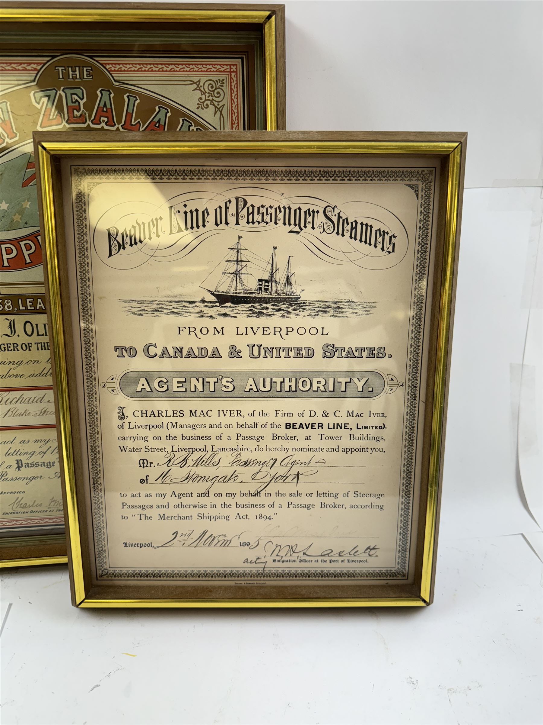 Four late 19th century/early 20th century passage broker certificates, for shipping lines including Allan Royal Mail Line, Beaver Line of Passenger Steamers, Shaw Savill & Albion Co Ltd and The New Zealand Shipping Company Limited, all within glazed wooden frames, largest H38cm