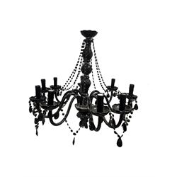 Two classical black glass fourteen branch chandeliers