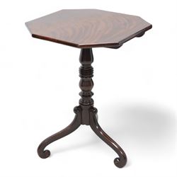 Regency mahogany tripod table, canted square tilt-top on turned column, three out splayed supports with scrolled terminals 