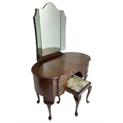 Early 20th century Dutch design mahogany kidney-shaped dressing table, raised triple mirror back, fitted with central frieze drawer flanked by four graduating drawers, on cabriole supports, with stool