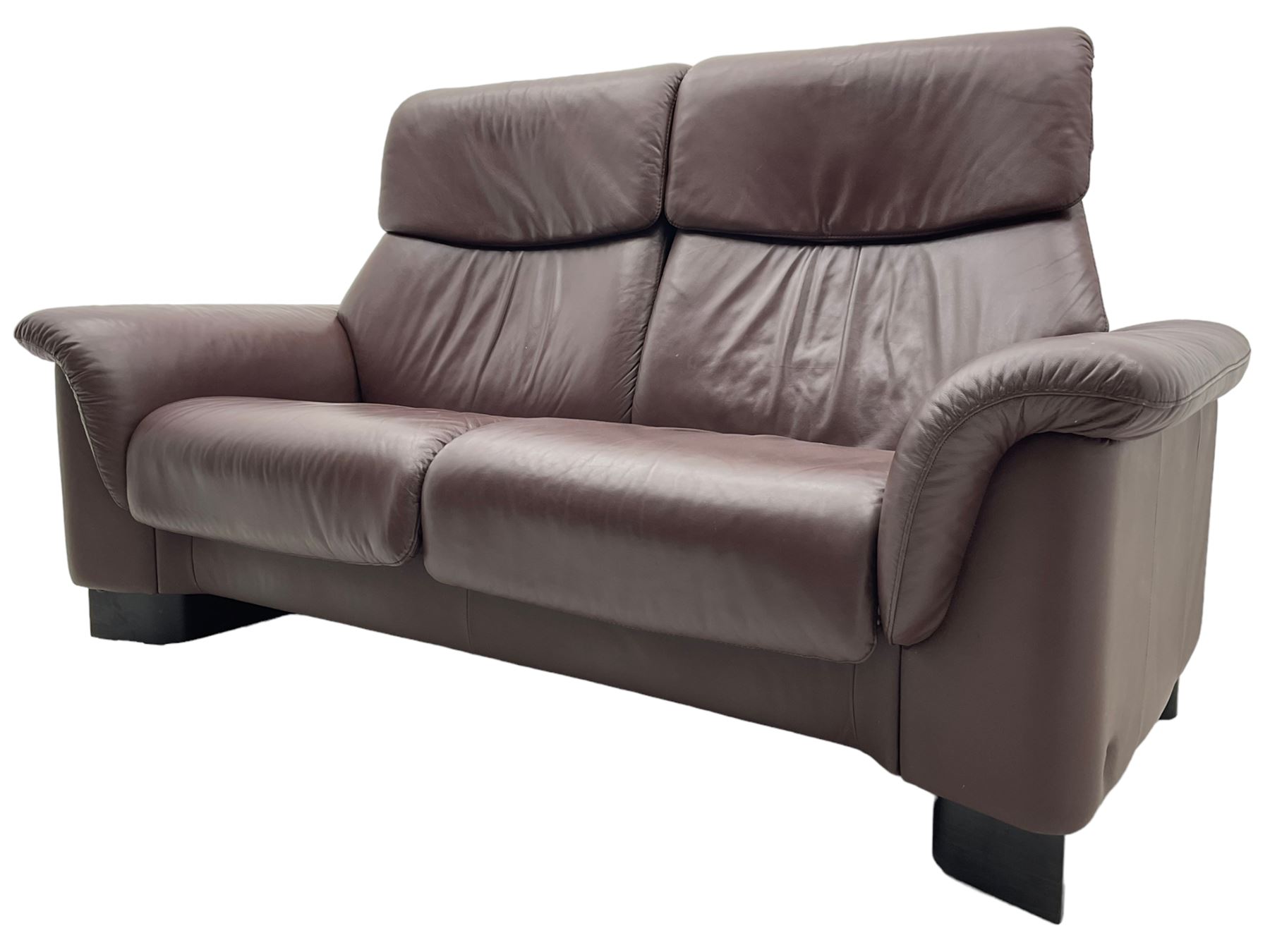 Ekornes Stressless - three-seat sofa upholstered in chocolate brown leather, with high backrests, cushioned headrests, and manual reclining mechanism (L248cm, D84cm, H102cm); with matching two-seat sofa (L184cm, D84cm, H102cm)