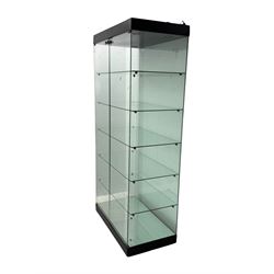 Glazed shop display cabinet fitted with two doors, six shelves with illuminated interior