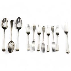 Four Victorian silver fiddle pattern dessert forks London 1844 Maker Charles Boyton, two o...