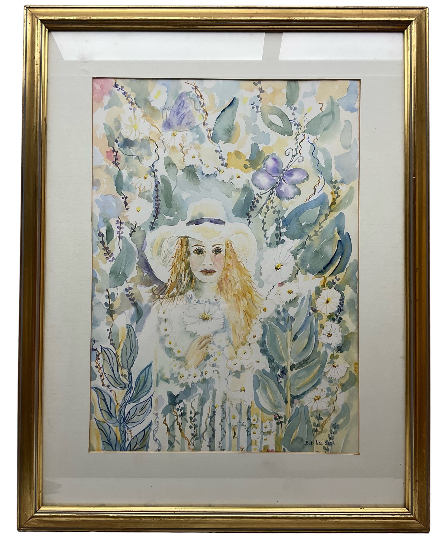 Beth Neal (British 20th Century): A Lady in Her Garden, watercolour signed 52cm x 38cm 