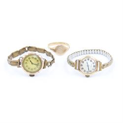 9ct gold signet ring and two 9ct gold cased wristwatches on gilt straps