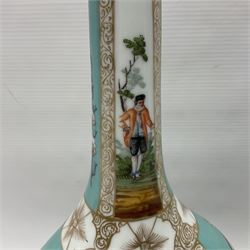 Pair of late 19th century Helena Wolfsohn vases and covers, each of compressed bottle form with tall neck, painted with alternating panels of romantic scenes and floral sprays upon turquoise ground between gilt borders, with Augustus Rex mark to base, H35cm