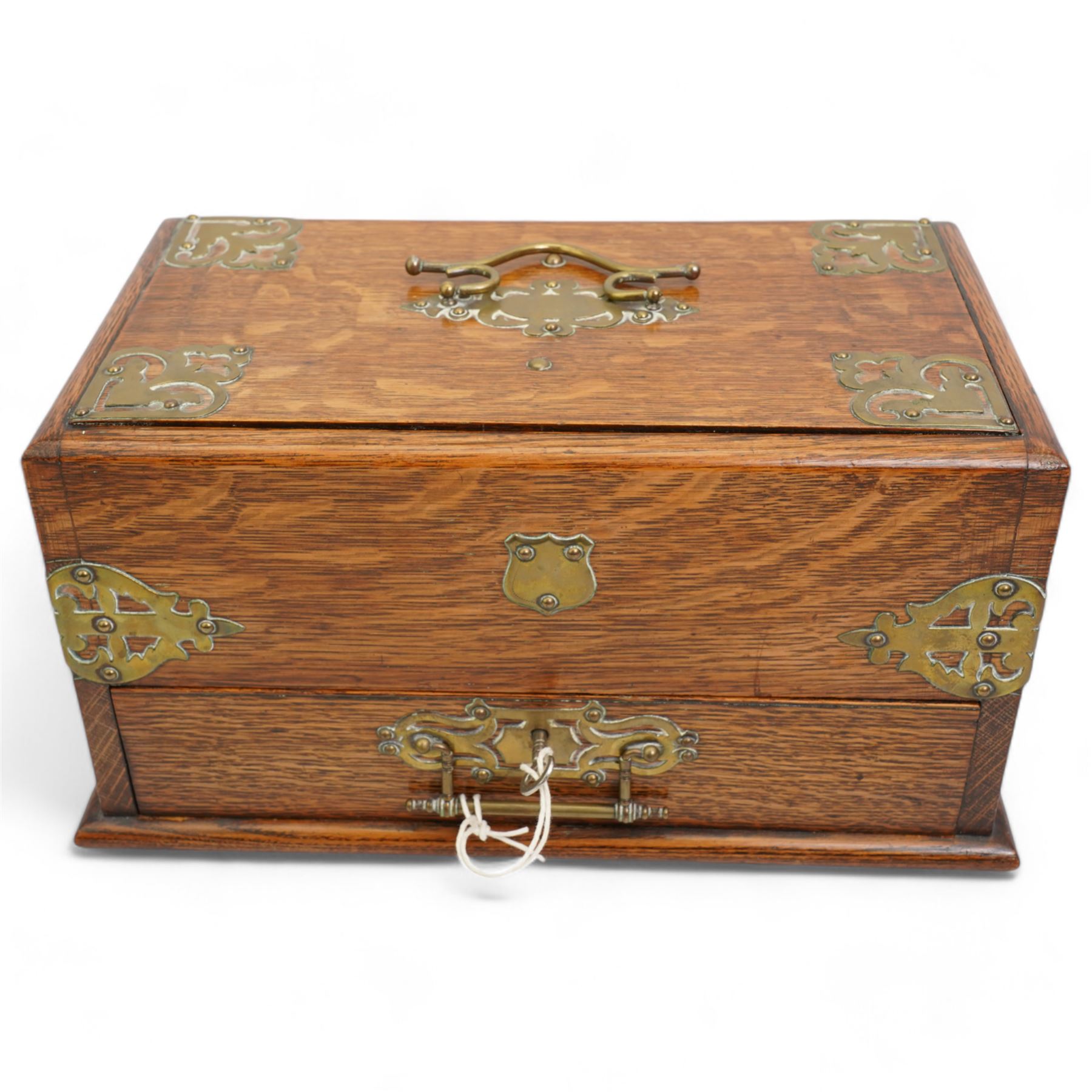 Victorian brass bound oak smokers box, sliding top and single drawer with brass swing handle and vacant plaque, L32cm x H16.5cm